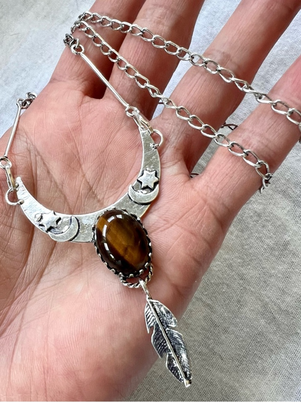 925 Boho TIGERS EYE Moon + Star + Feather Necklace